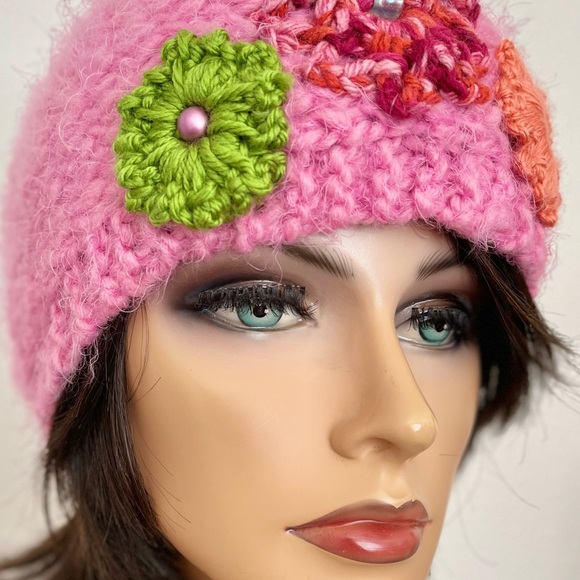 Hand Knits 2 Love Headband Headwrap Bandana Earwarmer Flower Bead Pink Designer main image 6